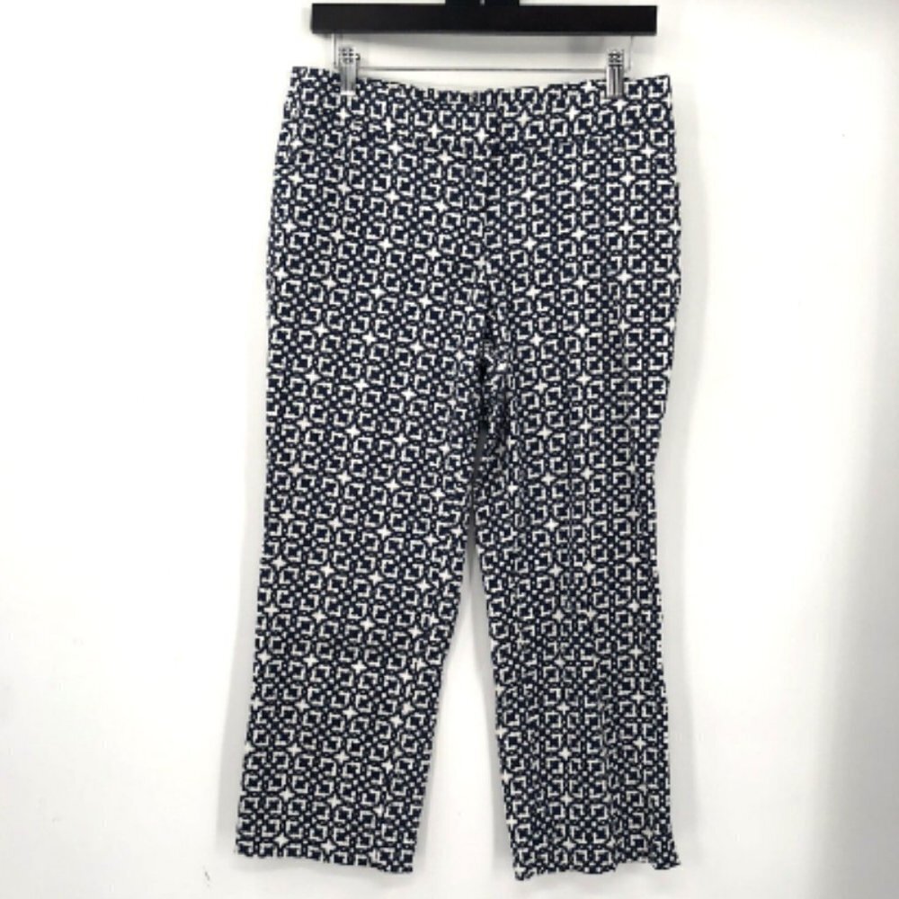 LAUNDRY SHELLI SEGAL Geometric Print Stretch Crop Pant Blue White 6 Dressy Khaki
